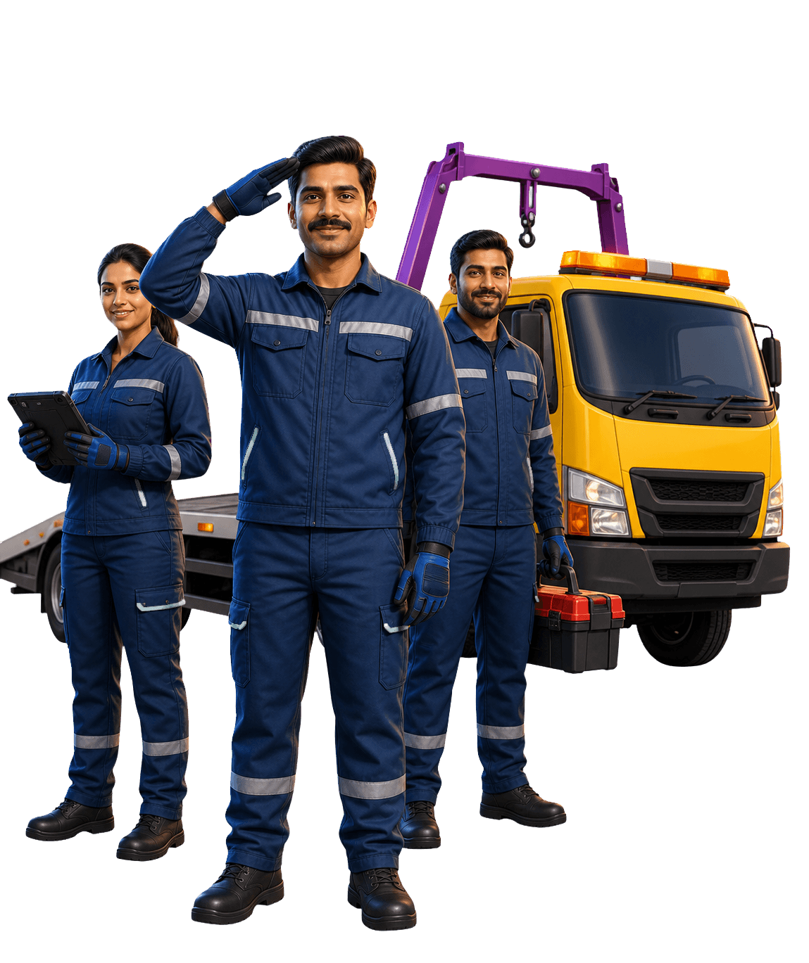 GoRoadGuardian roadside mechanic saluting with a support team, diagnostic tools and RSA flatbed vehicle